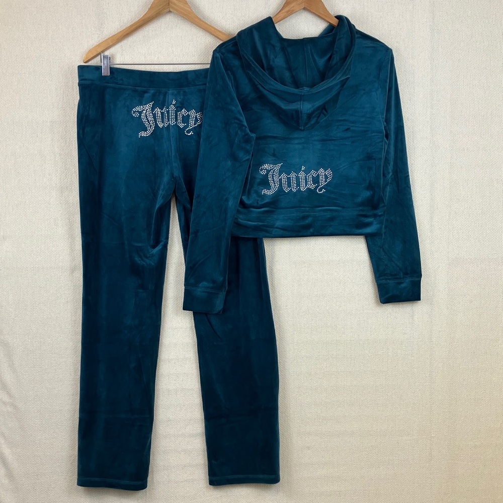 Juicy Couture Velour Tracksuit Set Teal Bling Rhinestones NWT $199